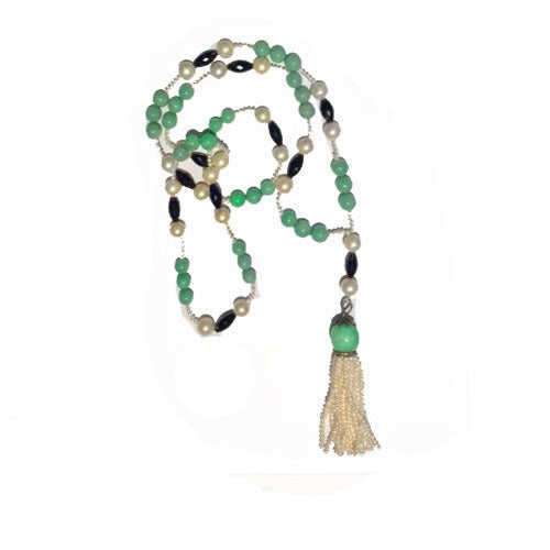 Natural Jadeite, Cultured Pearl and Black Spinel Lariat Necklace