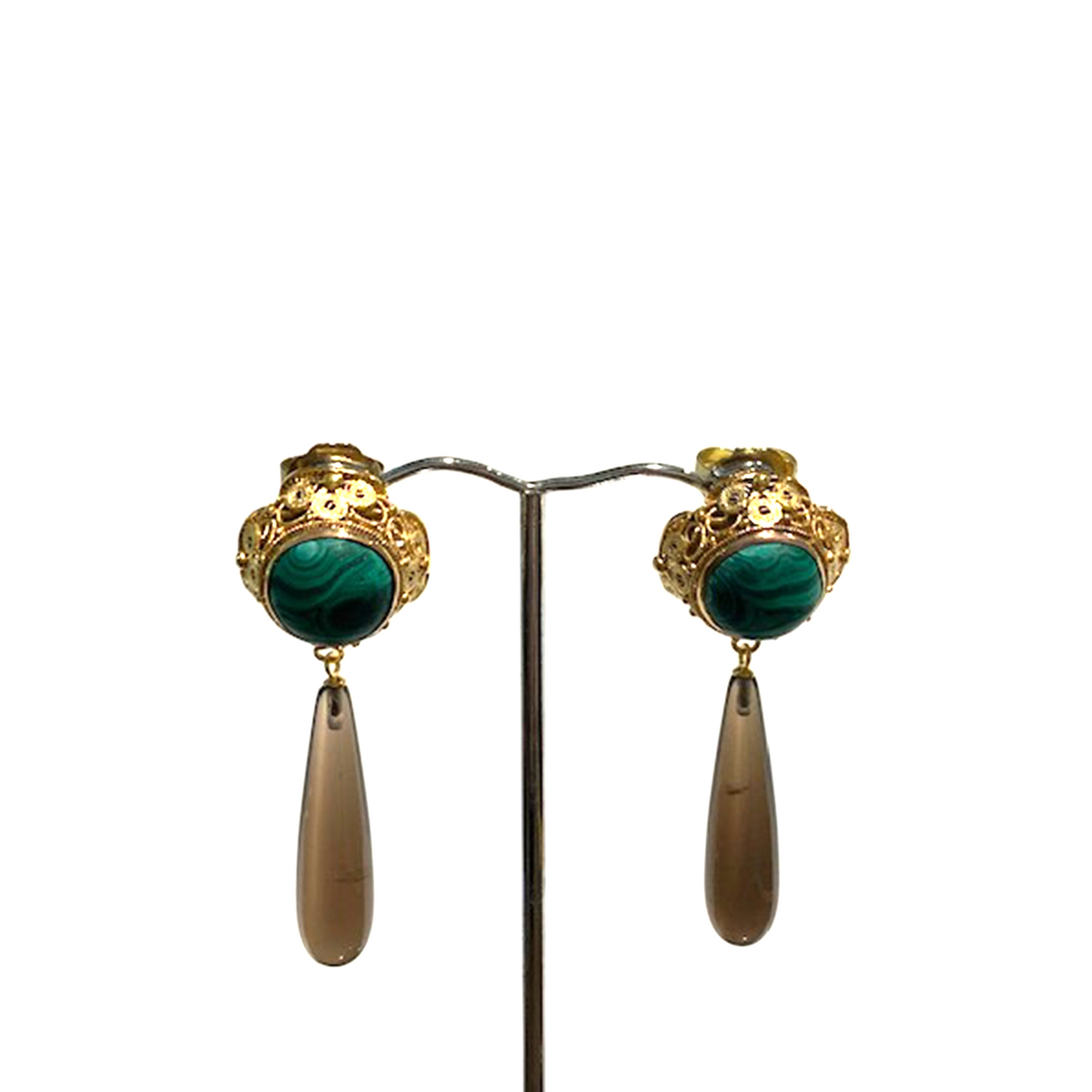 Gold Plated Malachite and Smokey Quartz Drop Earrings