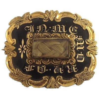 Antique 9ct Yellow Gold Black Enamel Mourning Brooch
