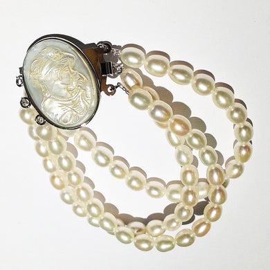 Natural Cultured Pearls with Carved Mother of Pearl Cameo Bracelet