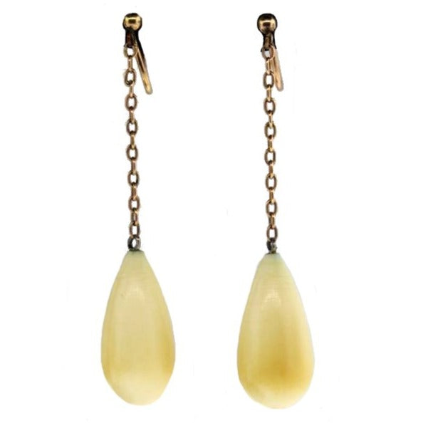 Antique 9ct Yellow Gold Ivory Drop Screw On Earrings