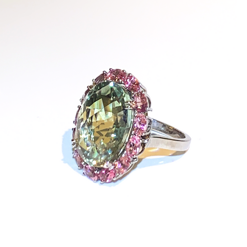 9ct White Gold 20.53ct Green Citrine and Tourmaline Ring