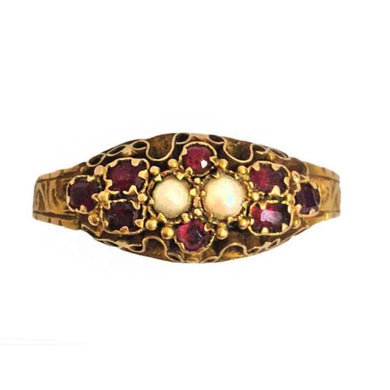 Antique 18ct Yellow Gold Ruby and Seed Pearl Bridge Ring