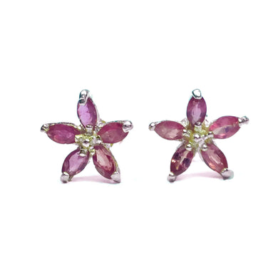 Sterling Silver Natural Ruby Floral Stud Earrings